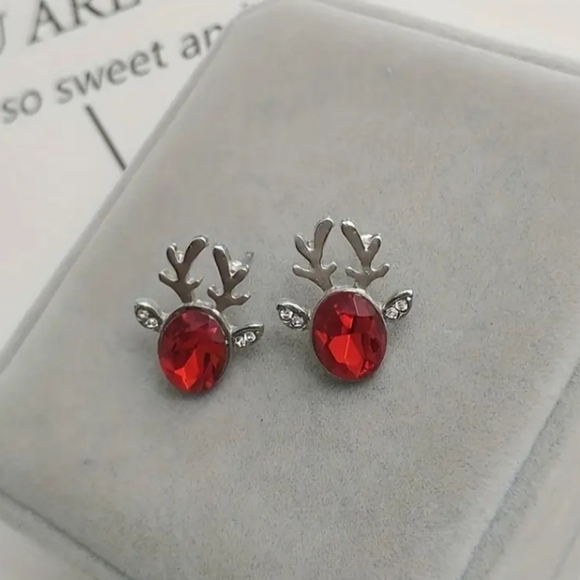 Red Reindeer Antler Christmas Earrings - Picture 2 of 5